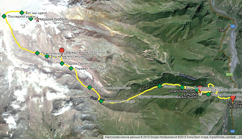 Карта маршрута восхождения на Казбек